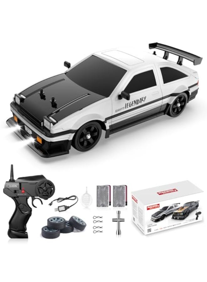 Remote Control Car RC Drift Car 1:16 Scale 4WD 18KM/H High Speed Model Vehicle 2.4GHz with LED Lights Spray Rubber Tire Racing Sport Toy for Adults Boys Girls Kids Gift 2Pcs Rechargeable Batteries