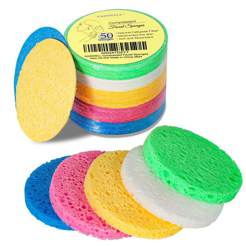 GAINWELL 50Colored Natural Compressed Facial Sponges for Facial Cleansing Reusable  EcoFriendly 50 PCS