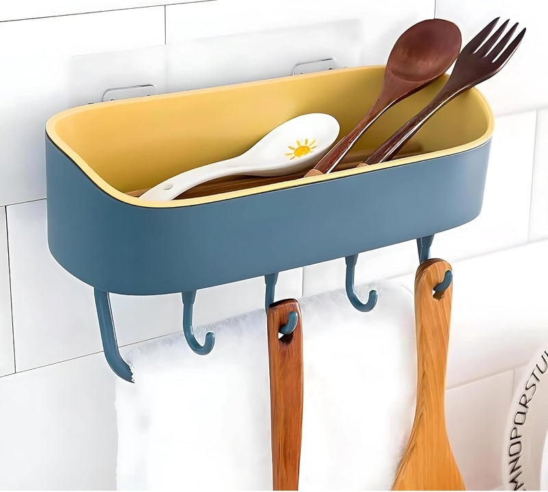RZONE STORE Self Adhesive Shower Caddy Organizer/Wall Mounted Bathroom Shelf with 4 Hooks & Towel Bar – No-Drill Plastic Storage Rack for Shampoo, Toiletries, Spices, Soap & Kitchen Use - Image 4
