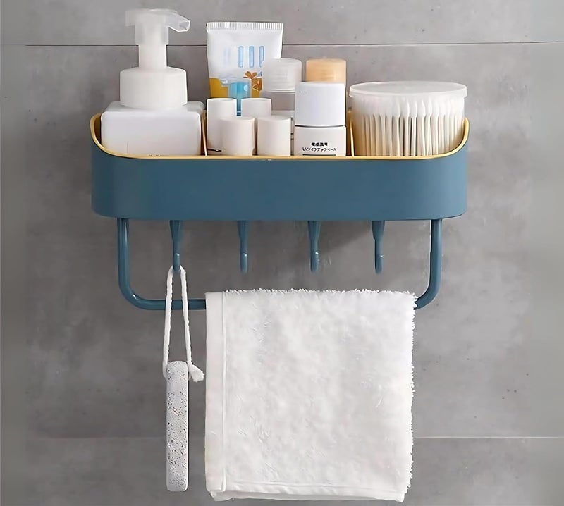 RZONE STORE Self Adhesive Shower Caddy Organizer/Wall Mounted Bathroom Shelf with 4 Hooks & Towel Bar – No-Drill Plastic Storage Rack for Shampoo, Toiletries, Spices, Soap & Kitchen Use - Image 2