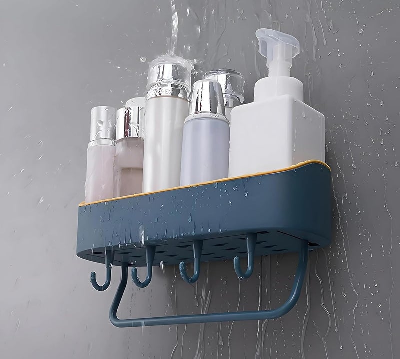 RZONE STORE Self Adhesive Shower Caddy Organizer/Wall Mounted Bathroom Shelf with 4 Hooks & Towel Bar – No-Drill Plastic Storage Rack for Shampoo, Toiletries, Spices, Soap & Kitchen Use - Image 3