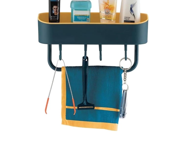 RZONE STORE Self Adhesive Shower Caddy Organizer/Wall Mounted Bathroom Shelf with 4 Hooks & Towel Bar – No-Drill Plastic Storage Rack for Shampoo, Toiletries, Spices, Soap & Kitchen Use - Image 1