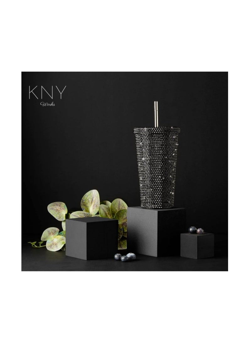 KNY Works كوب قهوة للسفر 500 مل - كوب معزول بتفريغ الهواء من الفولاذ المقاوم للصدأ مع غطاء وماصة قابلة لإعادة الاستخدام، زجاجة مياه حرارية مزدوجة الجدار للمشروبات الساخنة والباردة والشاي المثلج والقهوة (بلاك ستونز) - Image 2