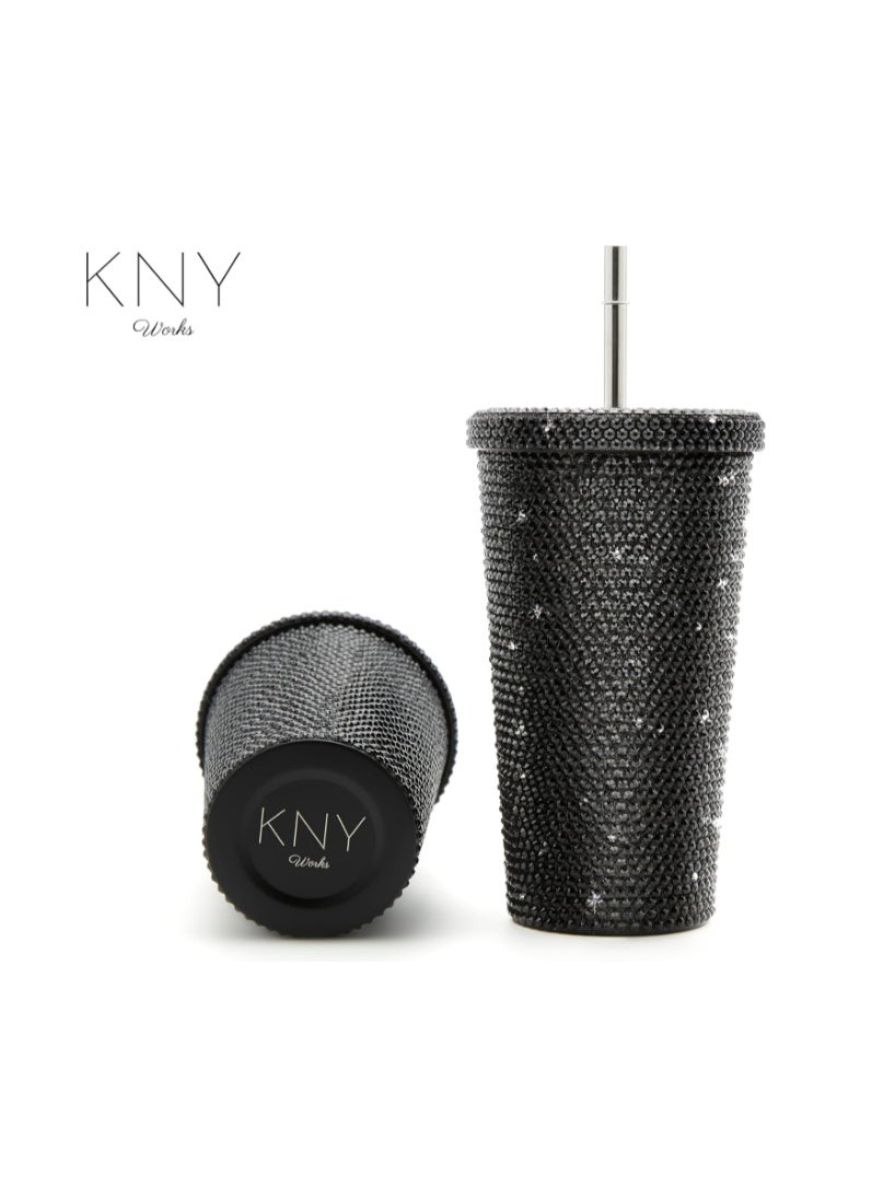KNY Works كوب قهوة للسفر 500 مل - كوب معزول بتفريغ الهواء من الفولاذ المقاوم للصدأ مع غطاء وماصة قابلة لإعادة الاستخدام، زجاجة مياه حرارية مزدوجة الجدار للمشروبات الساخنة والباردة والشاي المثلج والقهوة (بلاك ستونز) - Image 4