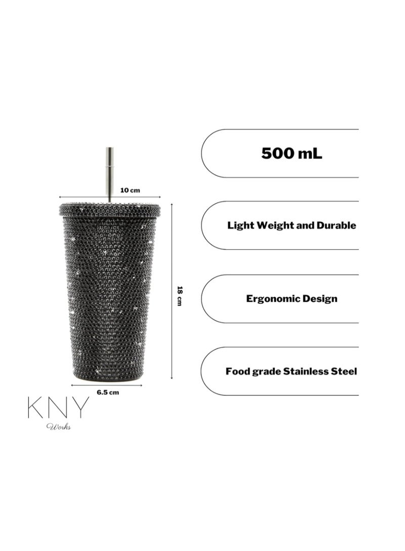 KNY Works كوب قهوة للسفر 500 مل - كوب معزول بتفريغ الهواء من الفولاذ المقاوم للصدأ مع غطاء وماصة قابلة لإعادة الاستخدام، زجاجة مياه حرارية مزدوجة الجدار للمشروبات الساخنة والباردة والشاي المثلج والقهوة (بلاك ستونز) - Image 3