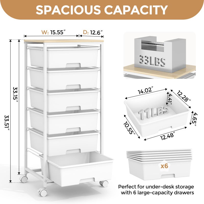 APEXCHASER Rolling Storage Cart with 6 Drawers and Wooden Tabletop, Lockable Wheels Utility Cart for Art Studios, Office Supplies & Craft Room Organization (White) - Image 2
