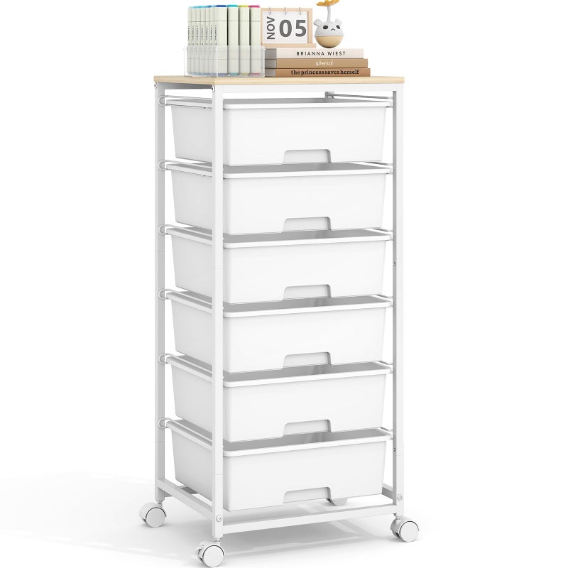 APEXCHASER Rolling Storage Cart with 6 Drawers and Wooden Tabletop, Lockable Wheels Utility Cart for Art Studios, Office Supplies & Craft Room Organization (White) - Image 1