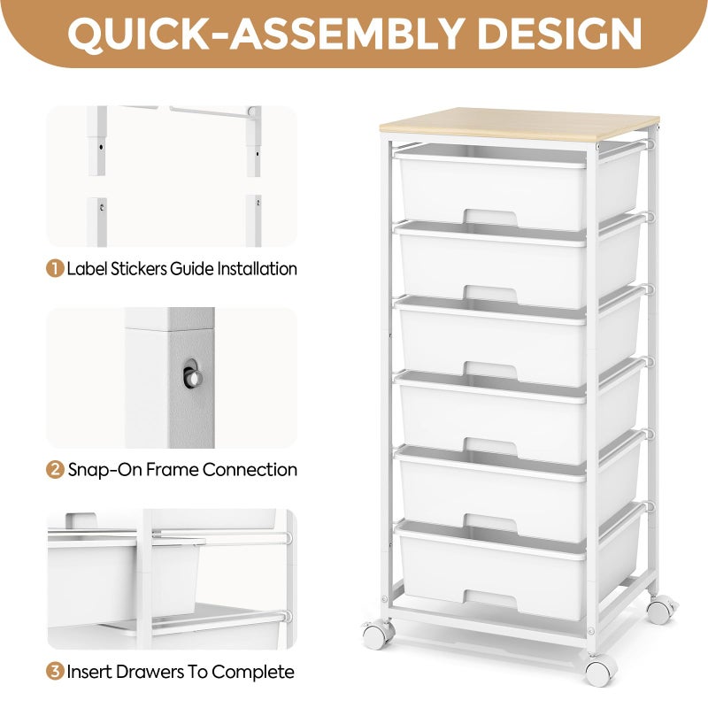 APEXCHASER Rolling Storage Cart with 6 Drawers and Wooden Tabletop, Lockable Wheels Utility Cart for Art Studios, Office Supplies & Craft Room Organization (White) - Image 4