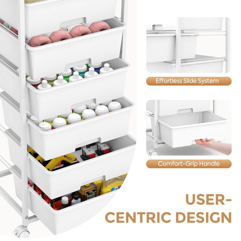 APEXCHASER Rolling Storage Cart with 6 Drawers and Wooden Tabletop, Lockable Wheels Utility Cart for Art Studios, Office Supplies & Craft Room Organization (White) - Image 3