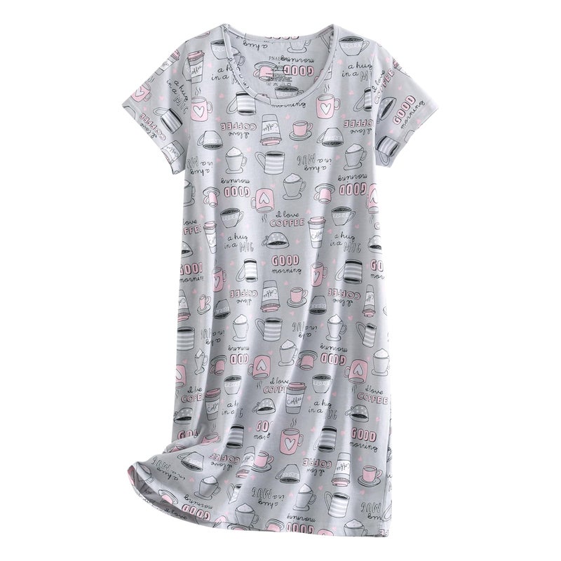 PNAEONG 3 Pack Women's Cotton Nightgown Sleepwear Short Sleeves Shirt Casual Print Sleepdress Good Night+Coffee+Pink-XL - Image 3