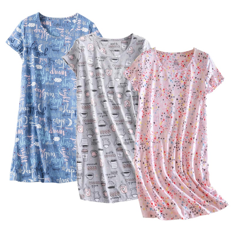 PNAEONG 3 Pack Women's Cotton Nightgown Sleepwear Short Sleeves Shirt Casual Print Sleepdress Good Night+Coffee+Pink-XL - Image 1