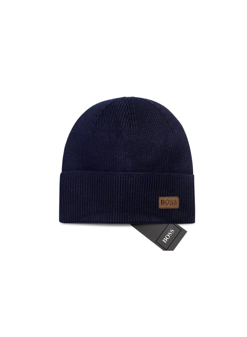 BOSS Navy Blue Knit Beanie with Tan Leather Brand Patch