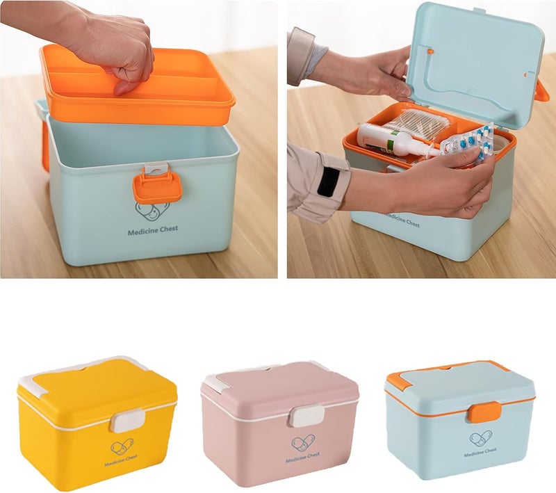 J - GO THE BUSINESS HUB Portable Medicine Cabinet Container Organizer Box Double Layers Multi Grid Large Capacity Lockable Household Storage Use Small Cartoon Medicine Box Emergency Medical Care Sundry Storage - Image 3