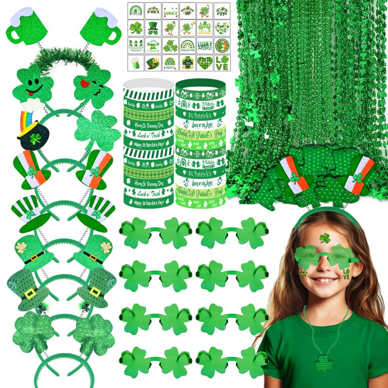 PLOUGVI 180 PCS ST Patricks Day Accessories Party Favors Supplies Decorations with Shamrock Headband Necklace Sunglasses Bracelet Tattoo Stickers - Image 1