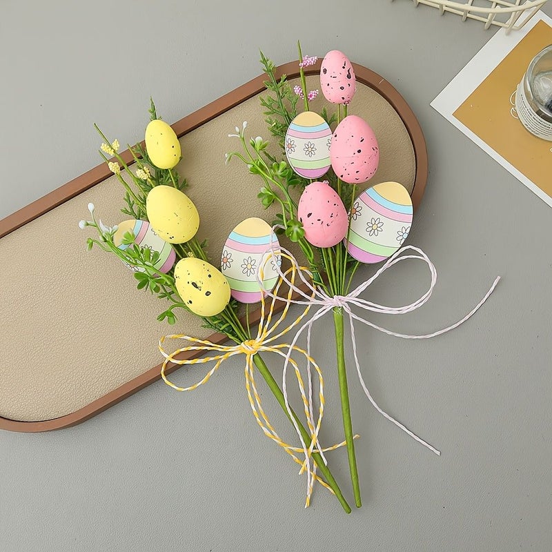 Yellow Easter Egg Bouquet Artificial Flower Set With Bows For Home Decor - Image 2