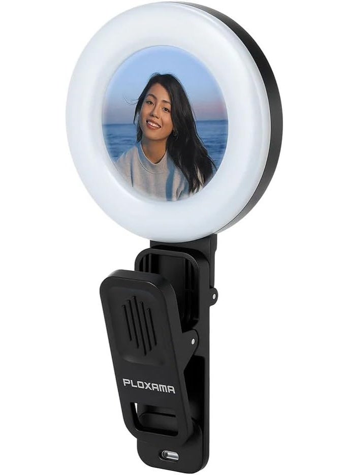 PLOKAMA U20 Ring LED Selfie Mirror Clip, Phone Camera Light with Rechargeable Flash, USB Type-C, Black - Image 1