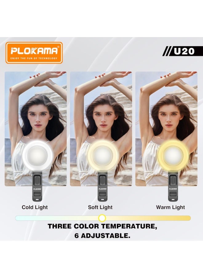 PLOKAMA U20 Ring LED Selfie Mirror Clip, Phone Camera Light with Rechargeable Flash, USB Type-C, Black - Image 3