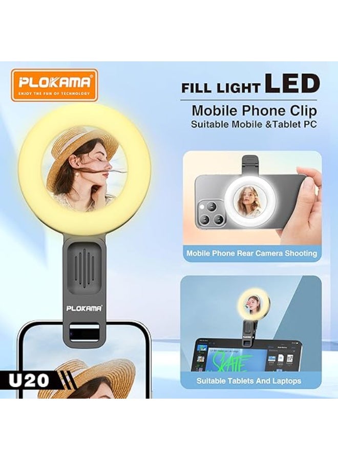 PLOKAMA U20 Ring LED Selfie Mirror Clip, Phone Camera Light with Rechargeable Flash, USB Type-C, Black - Image 5