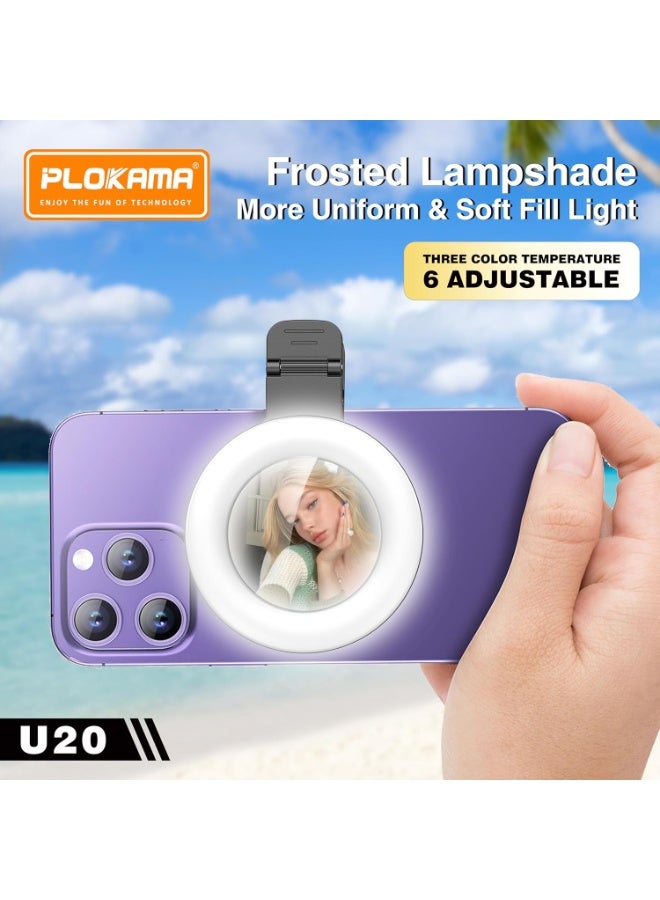 PLOKAMA U20 Ring LED Selfie Mirror Clip, Phone Camera Light with Rechargeable Flash, USB Type-C, Black - Image 4