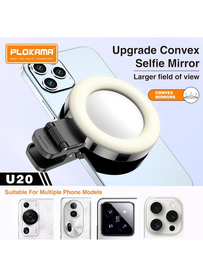 PLOKAMA U20 Ring LED Selfie Mirror Clip, Phone Camera Light with Rechargeable Flash, USB Type-C, Black - Image 2