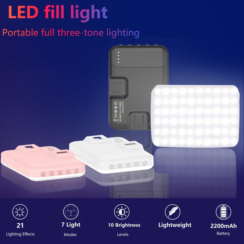 2200 مللي أمبير، مشبك ضوء LED للسيلفي قابل لإعادة الشحن عبر USB، أسود، 3 أوضاع، للهاتف والكاميرا - Image 1