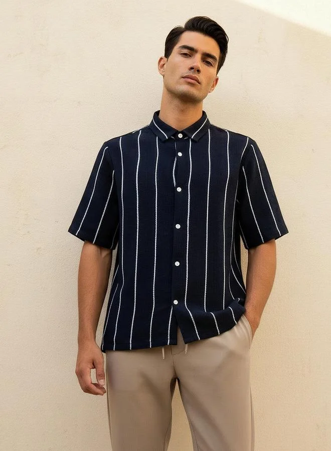 Splash FAV Men Regular Fit Collared Striped Short Sleeves Linen Blend Shirt