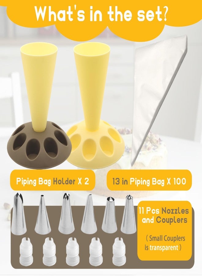 LUTQ 2 Pack Piping Bag Holder - Piping Bag Holder Stand for Filling, Icing Bag Holder, Pastry Bag Holder Stand with 8 Nozzle Slots, Includes 100 Pcs 13 in Piping Bags, 6 Icing Nozzles & 5 Couplers - Image 3
