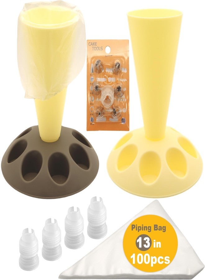 LUTQ 2 Pack Piping Bag Holder - Piping Bag Holder Stand for Filling, Icing Bag Holder, Pastry Bag Holder Stand with 8 Nozzle Slots, Includes 100 Pcs 13 in Piping Bags, 6 Icing Nozzles & 5 Couplers - Image 1