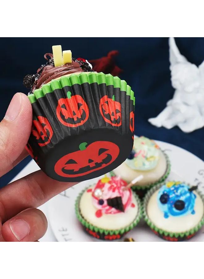 Halloween Paper Cups 100pcs Polychrome Pumpkin Pattern Cake Tray Oil Proof - Image 4