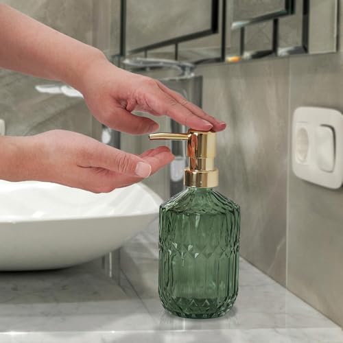 Osfvn Glass Soap Dispenser Green Bottle Gold Plastic Pump Refillable Kitchen Sink Countertop Hand Dish Dispensers - Image 4