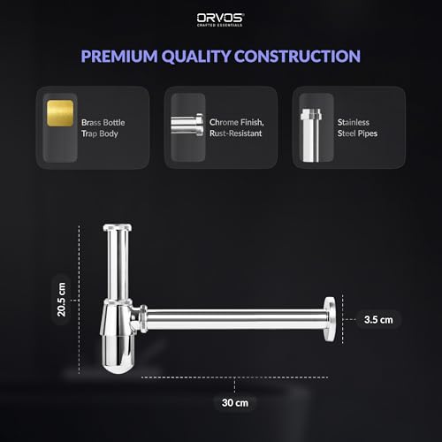 Orvos Bottle Trap, Brass Body with Stainless Steel Pipes, Curved, for Sinks and Wash Basins - Image 3