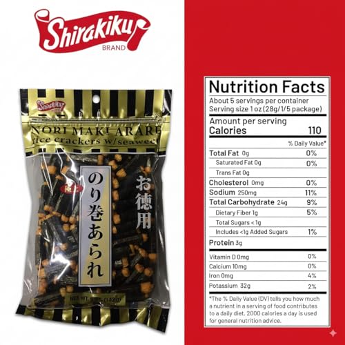 Shirakiku Japanese Nori Maki Arare Rice Crackers with  Glutinous Rice Soy Sauce Wheat and Seaweed  Crispy and Savory Cracker Snacks Seaweed Flavor Pack of 25oz Each Total 10oz - Image 5
