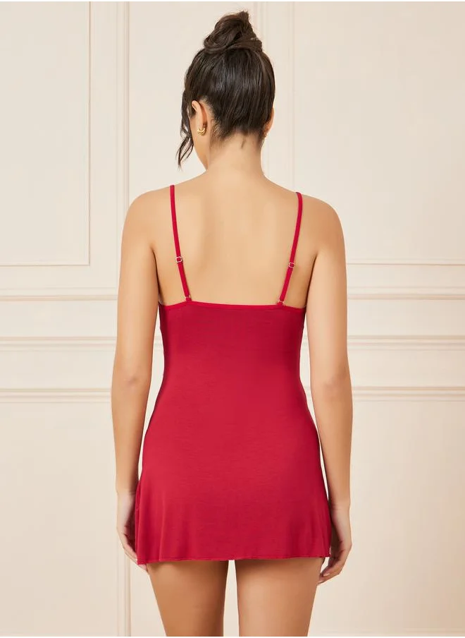 Styli Eyelash Lace Trim Detail Side Slit Slip Dress