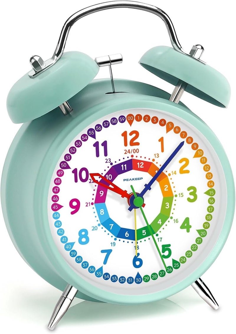 Peakeep Loud Analog Alarm Clock for Kids Learning Telling Time Teaching, 4.5" Twin Bell Alarm Clock Battery Operated for Heavy Sleepers Teenagers Kids(Aqua) - Image 1