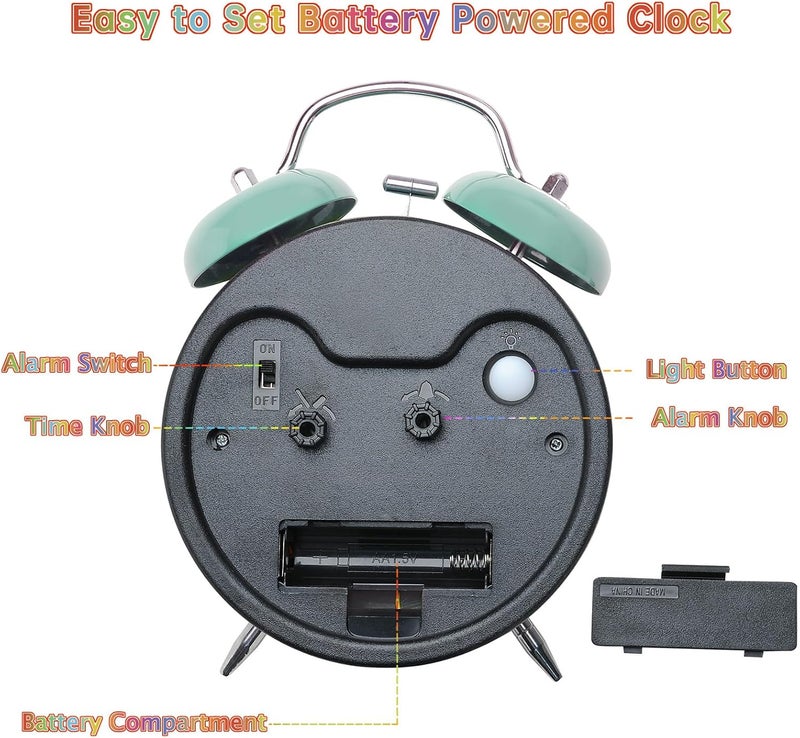 Peakeep Loud Analog Alarm Clock for Kids Learning Telling Time Teaching, 4.5" Twin Bell Alarm Clock Battery Operated for Heavy Sleepers Teenagers Kids(Aqua) - Image 5