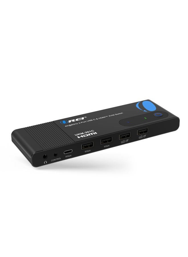 OREI 2x1 4K HDMI & USB-C KVM Switch, 4X Port USB-A, 1x USB-C Share Multiple Devices, Laptops, PC, on One Display Monitor, Keyboard Control, Peripheral Control, Analog Audio Out - Wired Remote Control - Image 1