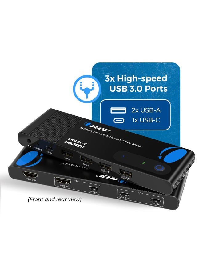 OREI 2x1 4K HDMI & USB-C KVM Switch, 4X Port USB-A, 1x USB-C Share Multiple Devices, Laptops, PC, on One Display Monitor, Keyboard Control, Peripheral Control, Analog Audio Out - Wired Remote Control - Image 2