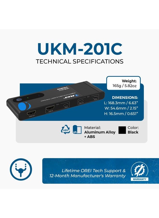 OREI 2x1 4K HDMI & USB-C KVM Switch, 4X Port USB-A, 1x USB-C Share Multiple Devices, Laptops, PC, on One Display Monitor, Keyboard Control, Peripheral Control, Analog Audio Out - Wired Remote Control - Image 5