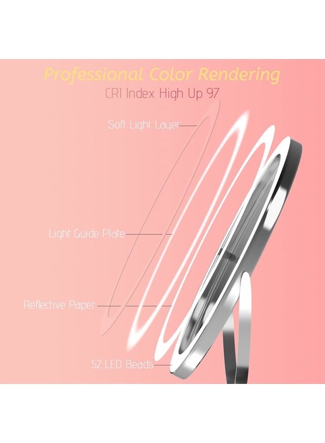 WIZCHARK 8" Lighted Makeup Mirror with Magnification, 1X/10X Magnifying Mirror with Light, Double Sided 360° Cordless Rechargeable, 3 Colors Brightness Adjustable Makeup Mirror with Lights with 52 LED(Silver) 