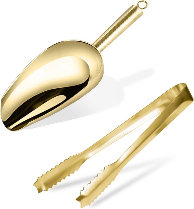 WAFJAMF Stainless Steel 7 Inch Ice Scoop and Tong Set -Gold Plated- Serving Tongs for Bar Sugar Cube Candy Flour Coffee Bean - Image 1