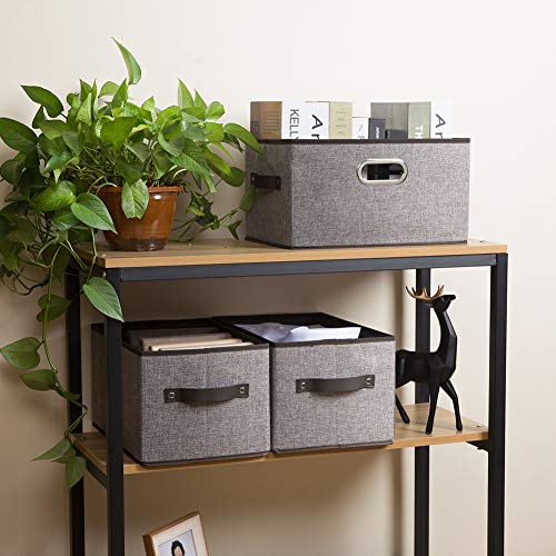 PRANDOM Large Foldable Storage Bins for Shelves [3-pack] Decorative Linen Fabric Storage Baskets Cubes with Leather/Metal Handles for Closet Nursery Office Grey and Black Trim (14.9x9.8x8.3 Inch) - Image 4