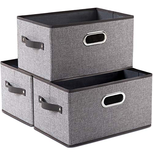 PRANDOM Large Foldable Storage Bins for Shelves [3-pack] Decorative Linen Fabric Storage Baskets Cubes with Leather/Metal Handles for Closet Nursery Office Grey and Black Trim (14.9x9.8x8.3 Inch) - Image 1
