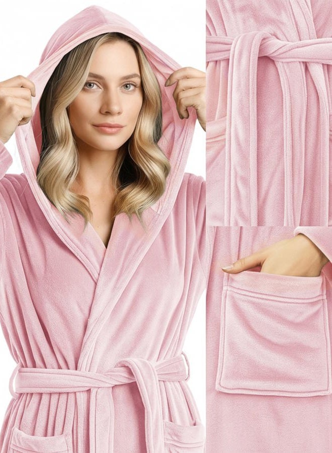 NY Threads Premium Womens Robe with Hood, Plush Fleece Long Bath Robe for Women, Fluffy Soft Women's Bathrobe, Small, Light Pink - Image 2