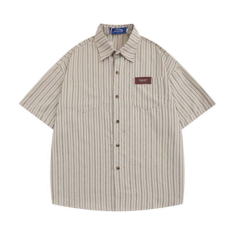 Ja1 never stays up late, Japanese retro Hong Kong-style striped shirt, women's short-sleeved and youthful neutral loose top for men - Image 2