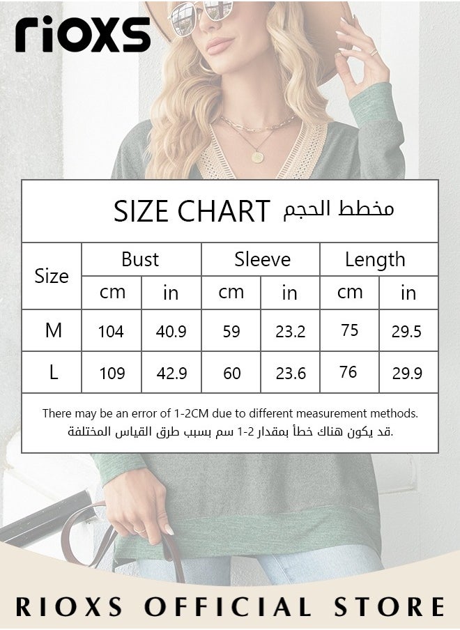 RIOXS - Women's Lace Stitching Casual Blouses,V-neck Long Sleeve Sweartshirt,Knitted Lace Cuff Solid Color Jacquard Top,Soft Comfortable Pullover Shirt,Dressy Casual Trendy Tops Pair With Jeans Skirts Or Leggings - Image 1
