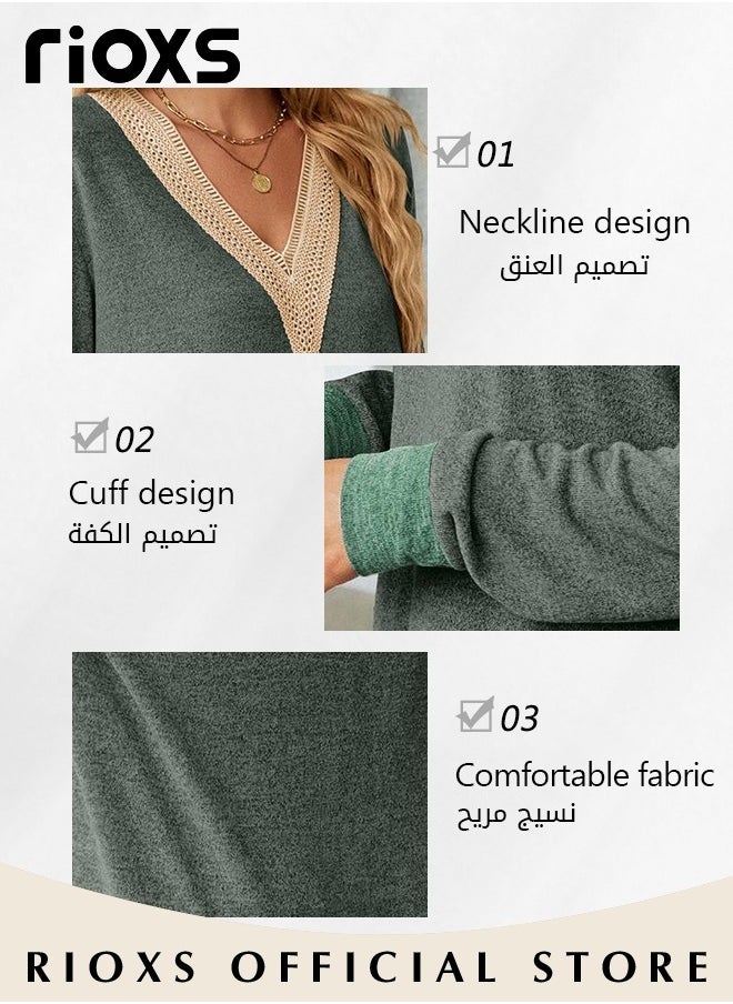 RIOXS - Women's Lace Stitching Casual Blouses,V-neck Long Sleeve Sweartshirt,Knitted Lace Cuff Solid Color Jacquard Top,Soft Comfortable Pullover Shirt,Dressy Casual Trendy Tops Pair With Jeans Skirts Or Leggings - Image 1