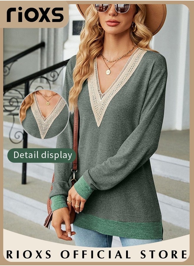 RIOXS - Women's Lace Stitching Casual Blouses,V-neck Long Sleeve Sweartshirt,Knitted Lace Cuff Solid Color Jacquard Top,Soft Comfortable Pullover Shirt,Dressy Casual Trendy Tops Pair With Jeans Skirts Or Leggings - Image 1