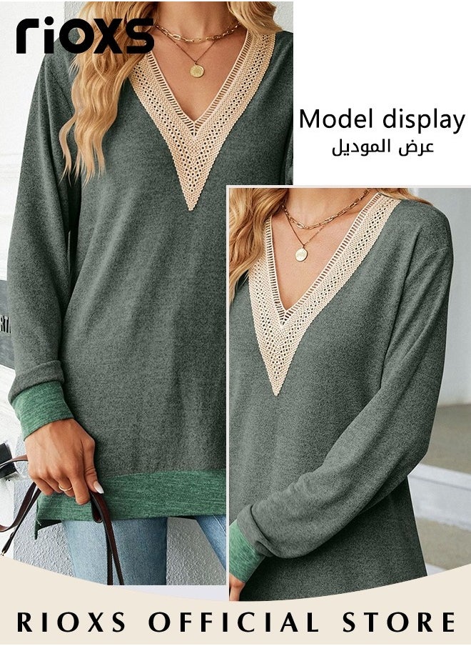 RIOXS - Women's Lace Stitching Casual Blouses,V-neck Long Sleeve Sweartshirt,Knitted Lace Cuff Solid Color Jacquard Top,Soft Comfortable Pullover Shirt,Dressy Casual Trendy Tops Pair With Jeans Skirts Or Leggings - Image 1