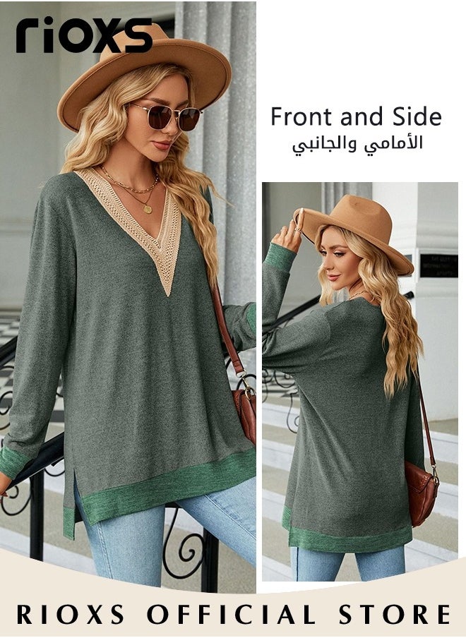 RIOXS - Women's Lace Stitching Casual Blouses,V-neck Long Sleeve Sweartshirt,Knitted Lace Cuff Solid Color Jacquard Top,Soft Comfortable Pullover Shirt,Dressy Casual Trendy Tops Pair With Jeans Skirts Or Leggings - Image 1