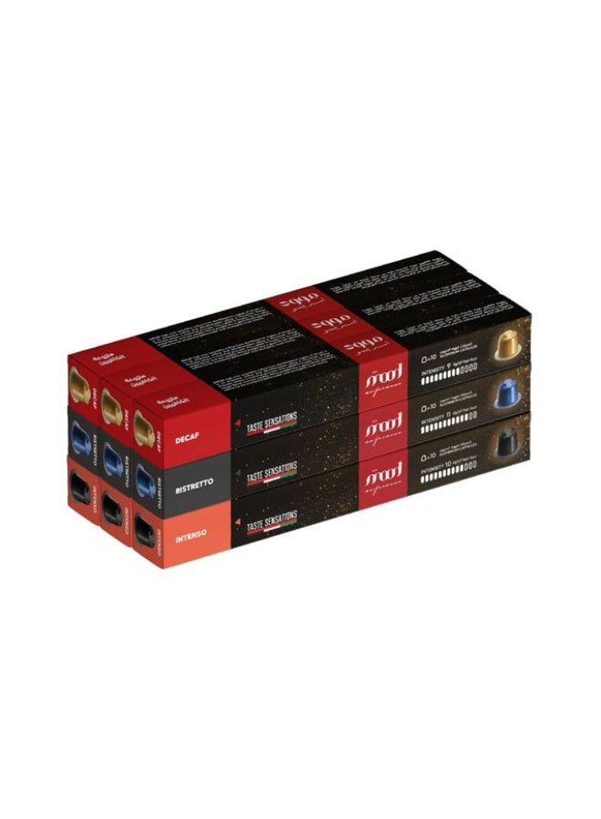 Nespresso Compatible Aluminium Capsules (3 Flavors: Intenso, Ristretto, Decaf), Pack of 9 (90 Capsules)